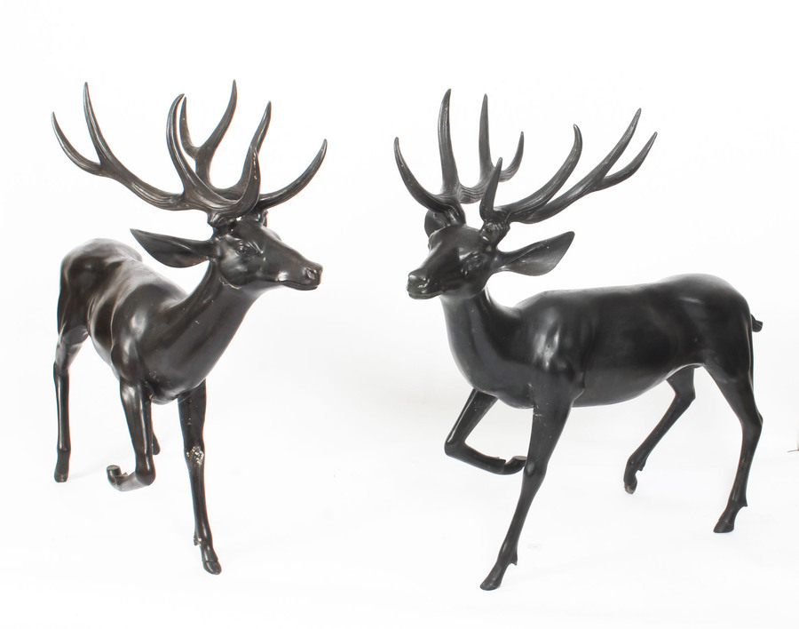 Antique Pair of Bronze Life Size Fallow Deer Stags Late 20th Century