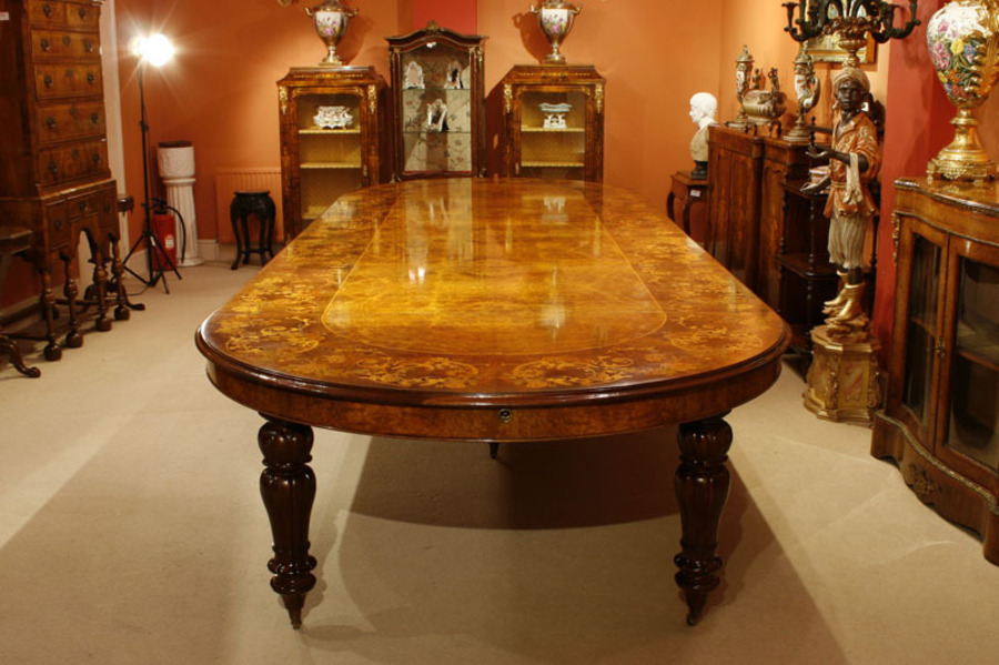 Antique Huge 5 Meter Marquetry Extending Burr Walnut Bespoke Dining Table