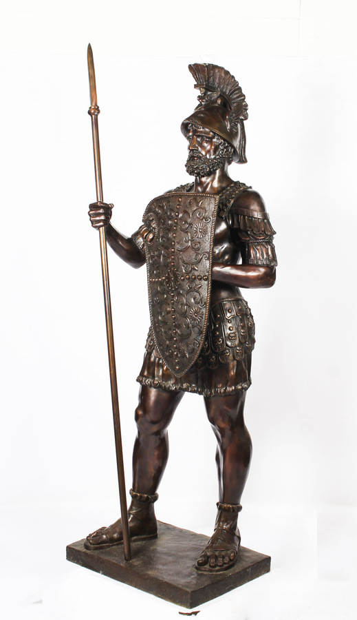 Antique Magnificent Pair Huge 7ft Bronze Roman Soldier Centurion Statues 20th C