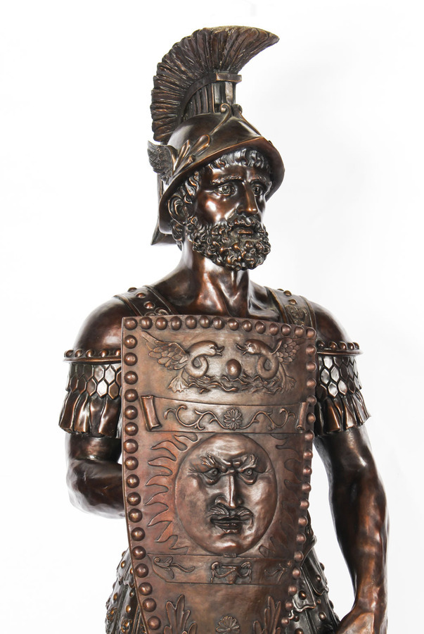 Antique Magnificent Pair Huge 7ft Bronze Roman Soldier Centurion Statues 20th C