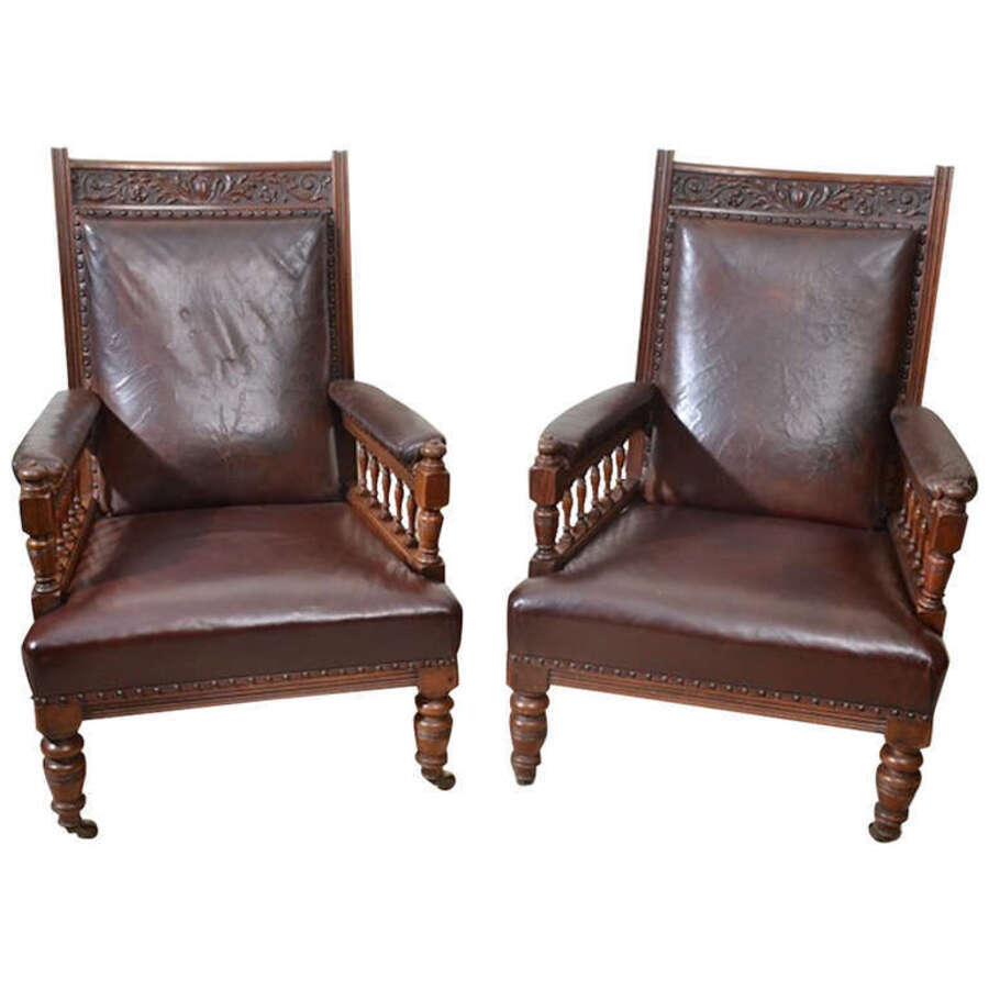 Antique Pair of English Leather Armchairs c.1880