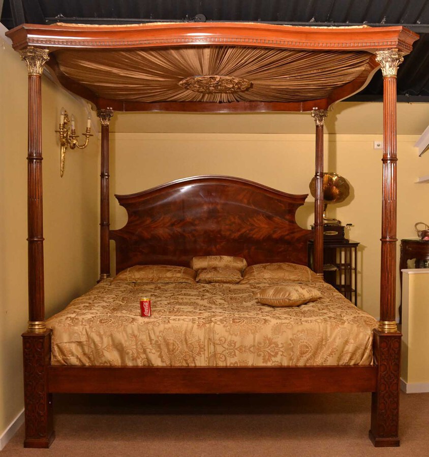 Antique Huge Super King Mahogany Four Poster Bed With Silk ...