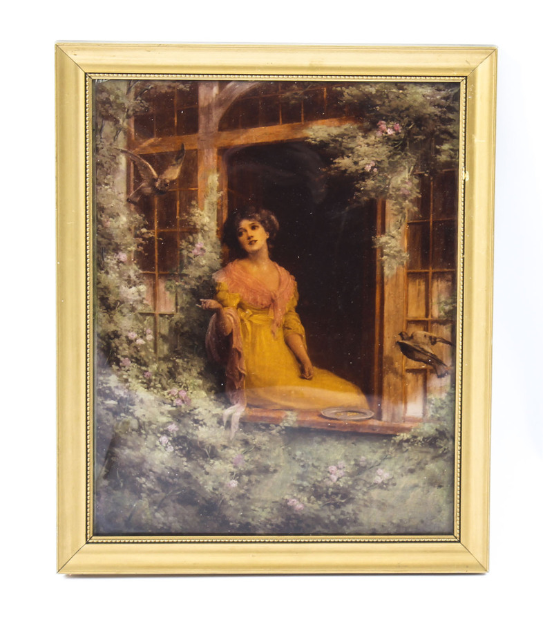 Antique Antique Victorian Crystoleum Picture Painting of a Lady by a Window 19th C