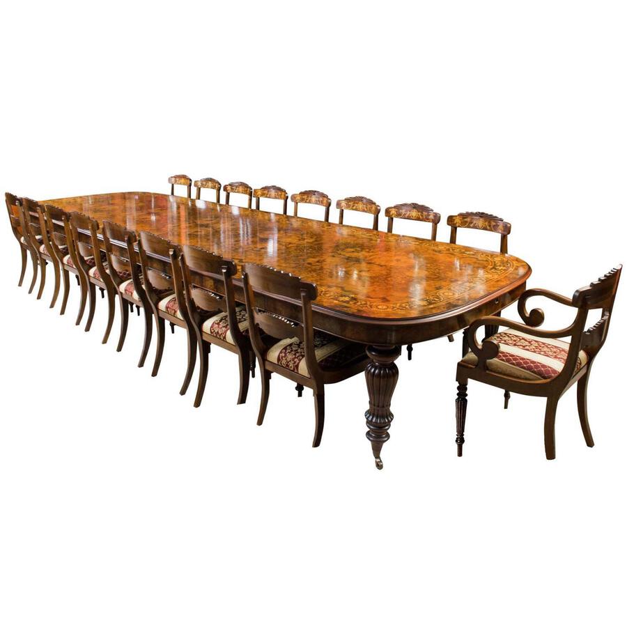 Antique Huge Bespoke Handmade Marquetry Walnut Extending Dining Table 18 Chairs
