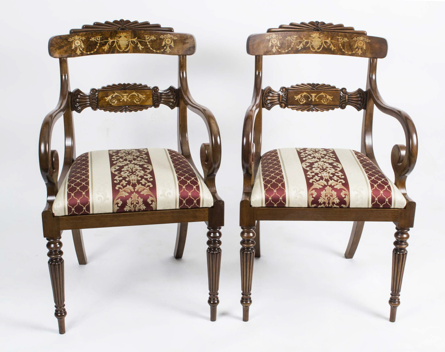 Antique Pair of English Regency Style Burr Walnut Armchairs