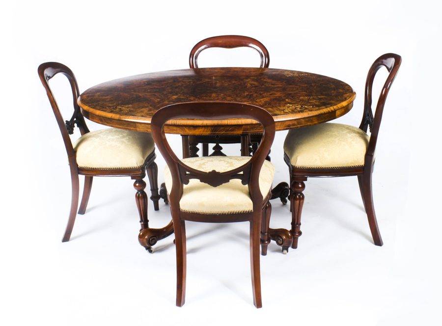 Antique Antique Victorian Burr Walnut Oval Loo Table 19th C & set 4 Chairs