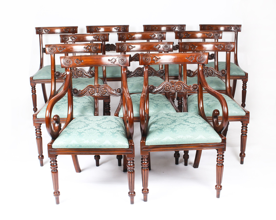 Antique Vintage Set 12 Mahogany Regency Revival Bar Back Dining Chairs 20th C