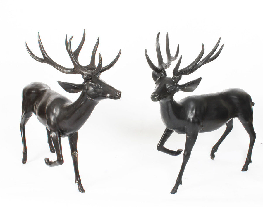Antique Pair of Bronze Life Size Fallow Deer Stags Late 20th Century