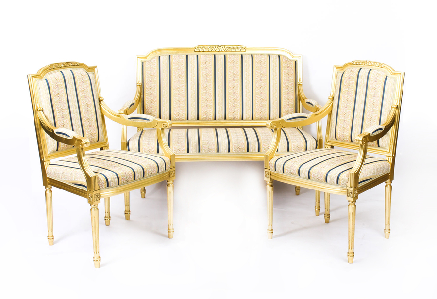 Bespoke Pair Armchairs & Sofa - French Louis XVI Giltwood Suite