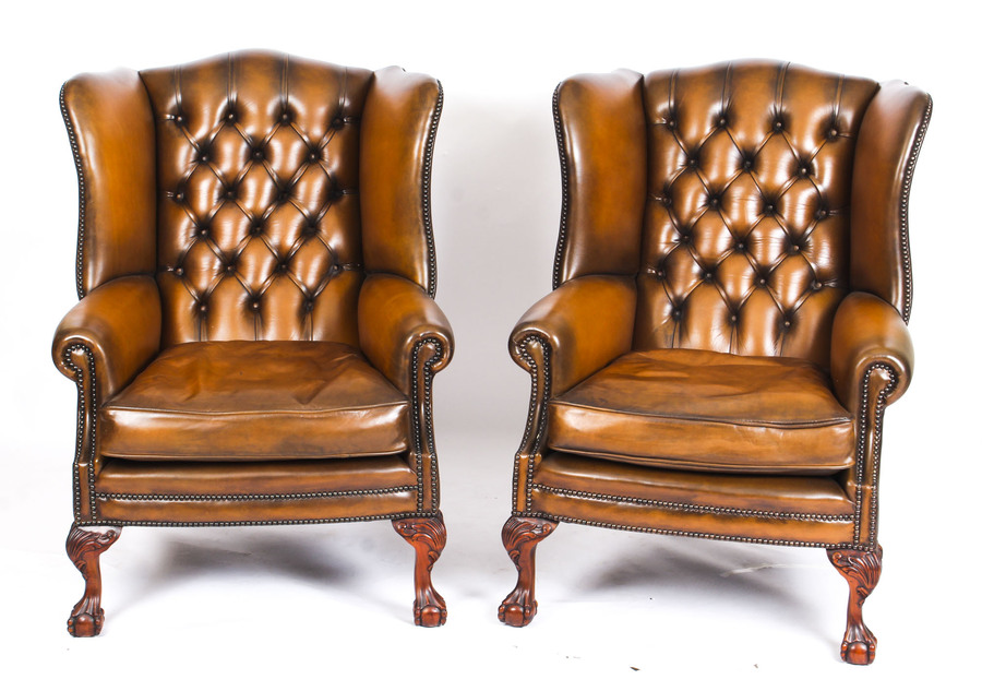 Antique Pair Leather Chippendale Wingback Armchairs c.1920