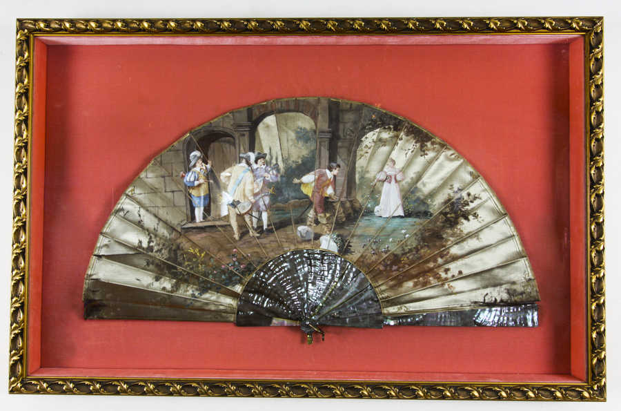 Antique French Framed Mother Pearl Hand-Painted Fan Late 18th Century