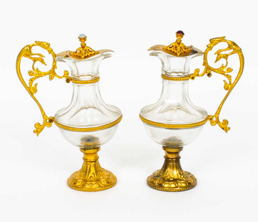 Antique Pair of French Ormolu & Glass Ewers 19th Century