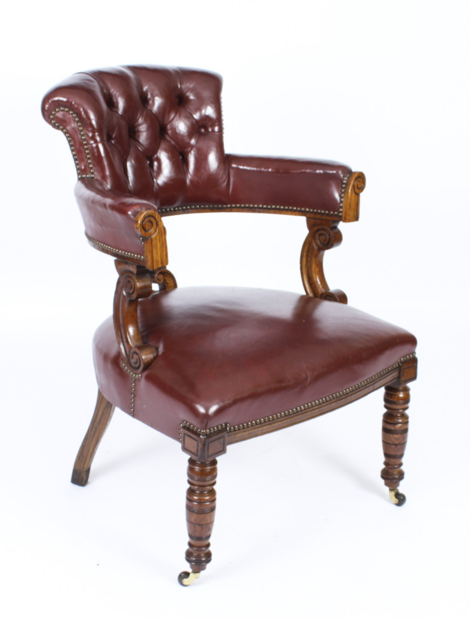 Antique Victorian Oak Leather Desk Chair Tub Chair c.1880