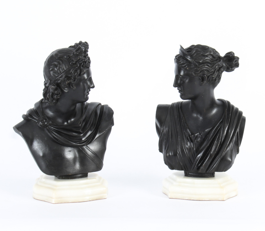 Antique Pair Italian Grand Tour Bronze Busts Apollo & Diana 19th C