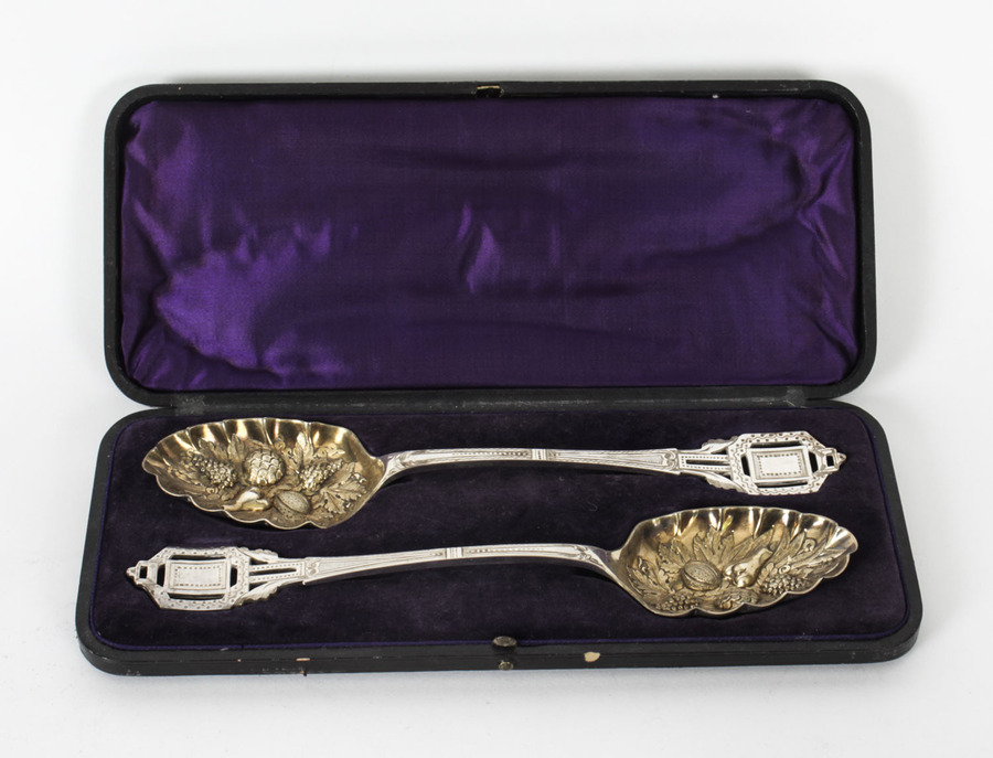 Antique Pair Victorian Silver Plated & Gilt Berry Serving Spoons Circa 1860