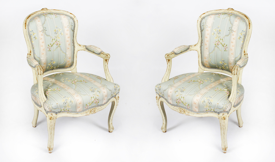 Antique Pair Shabby Chic Louis Revival French Painted Armchairs 19th Century