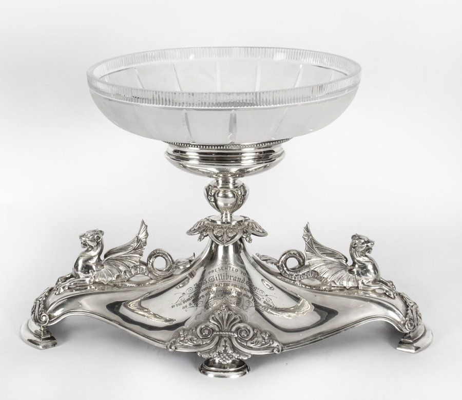 Antique Victorian Silver-plate Dragons Centerpiece Elkington Cut Crystal 19th C