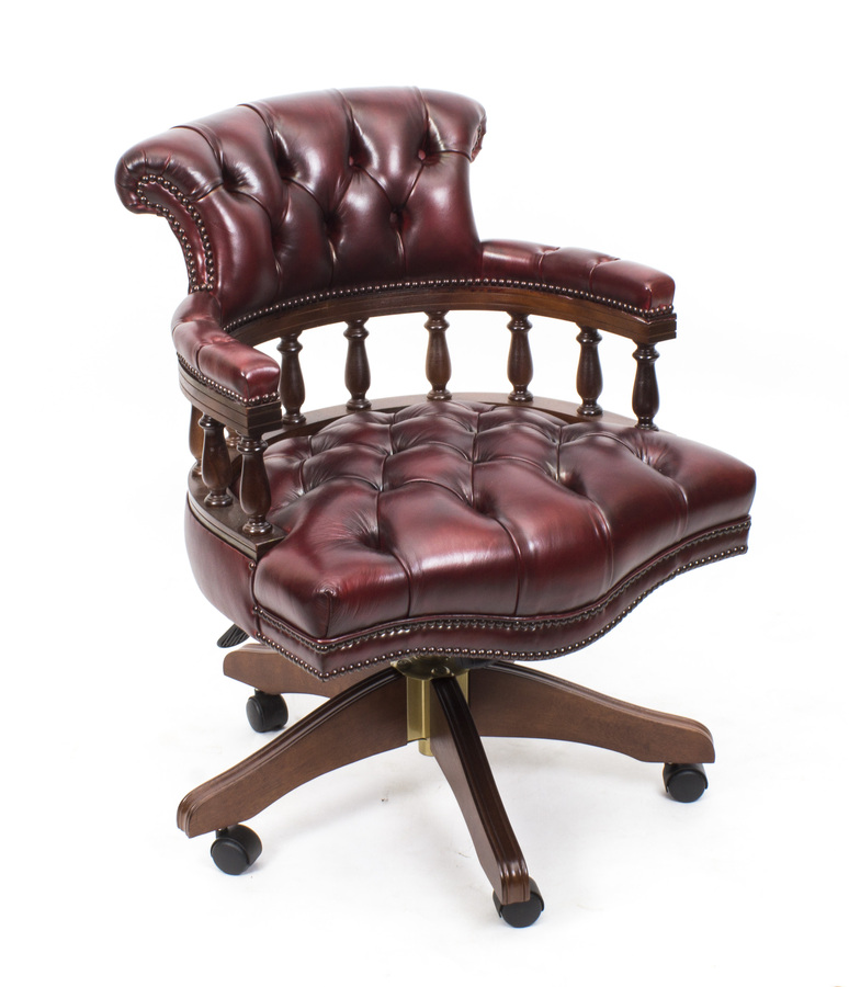 Bespoke English Hand Made Leather Captains Desk Chair Burgundy