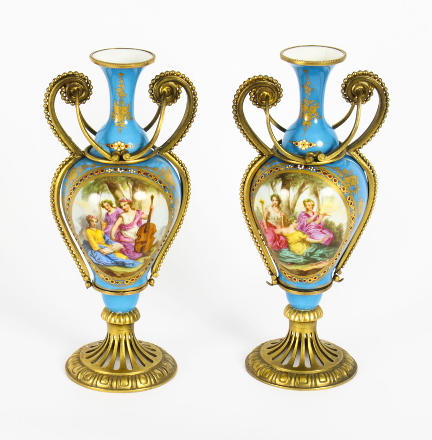 Antique Pair French Ormolu Mounted Bleu Celeste Sevres Vases 19th C