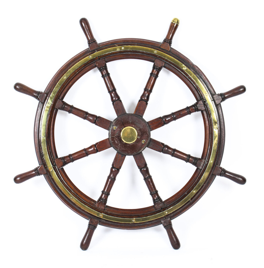 Antique 4ft Diam Teak and Brass Set 8-Spoke Ships Wheel C 1880 19th Century