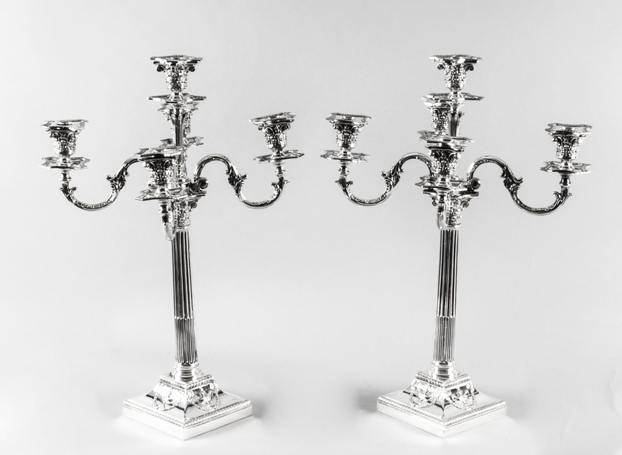 Antique Pair Victorian Silver Plated Five-Light Candelabra by Elkington 19th C