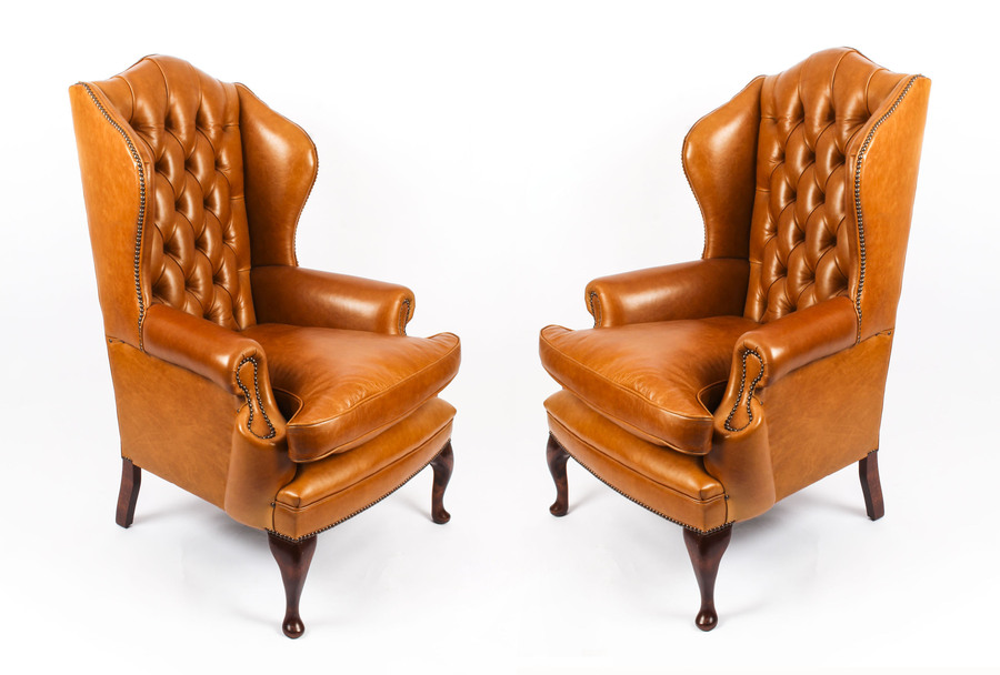 Bespoke Pair Leather Queen Anne Wingback Armchairs Bruciato