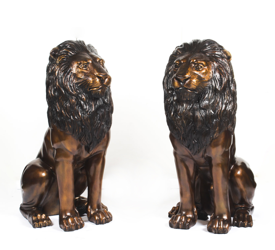 Antique Vintage Pair Cast Bronze Seated Lions 20th Century