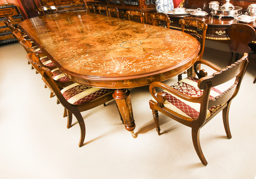 Bespoke Handmade Marquetry Burr Walnut Dining Table & 14 Dining Chairs