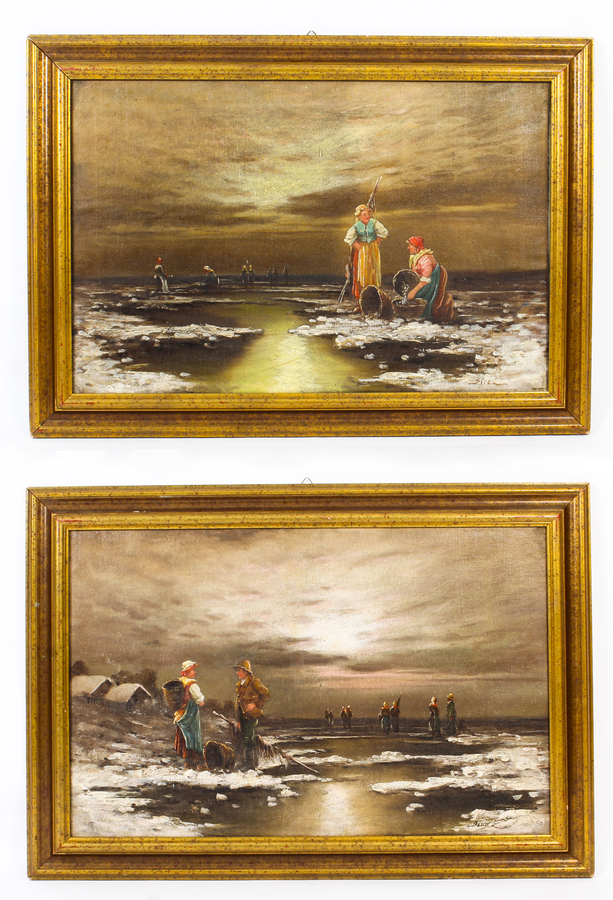 Antique Pair Paintings 'Sea View of Britanny' L Biro 20th Century C1920