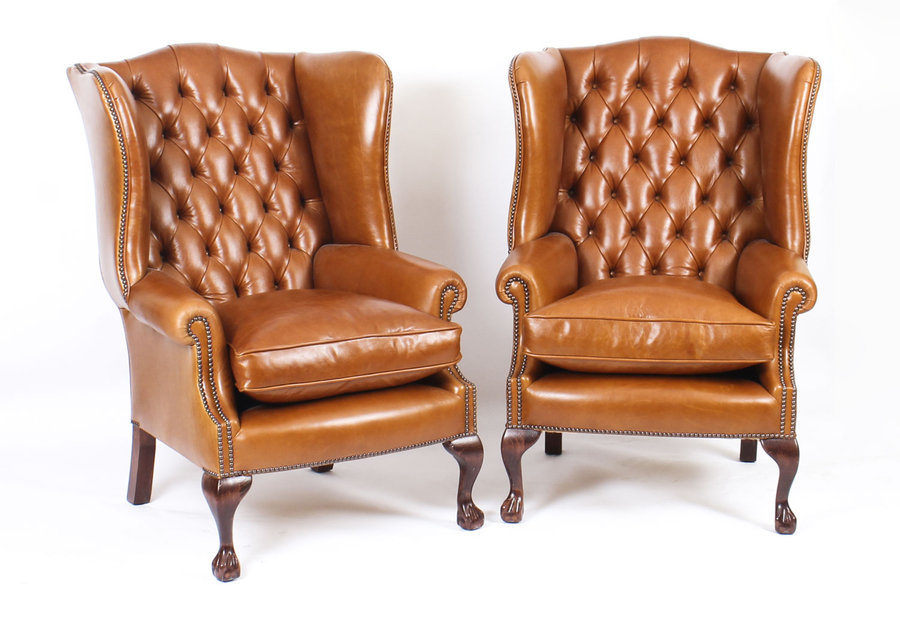 Bespoke Chippendale Armchairs - Chestnut Leather Wingback Style
