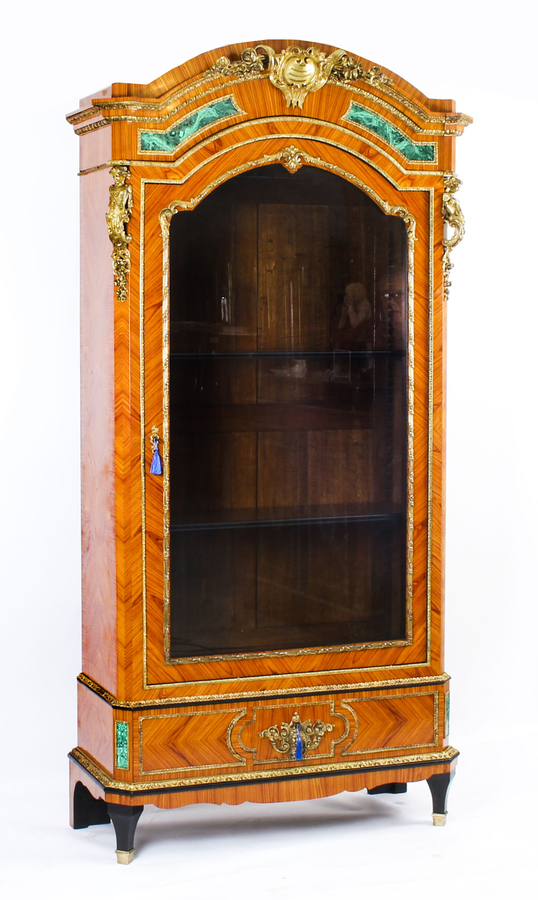 Antique French Kingwood Malachite & Ormolu Mounted Vitrine Cabinet 19th C