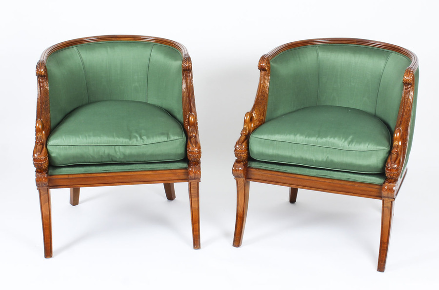 Pair Empire Revival Gilded Swan Neck Walnut Armchairs 20th C