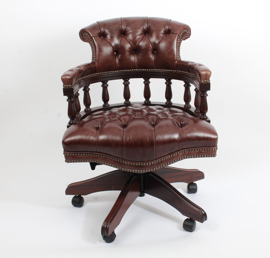 Bespoke English Hand Made Leather Captains Desk Chair Dark Brown Colour
