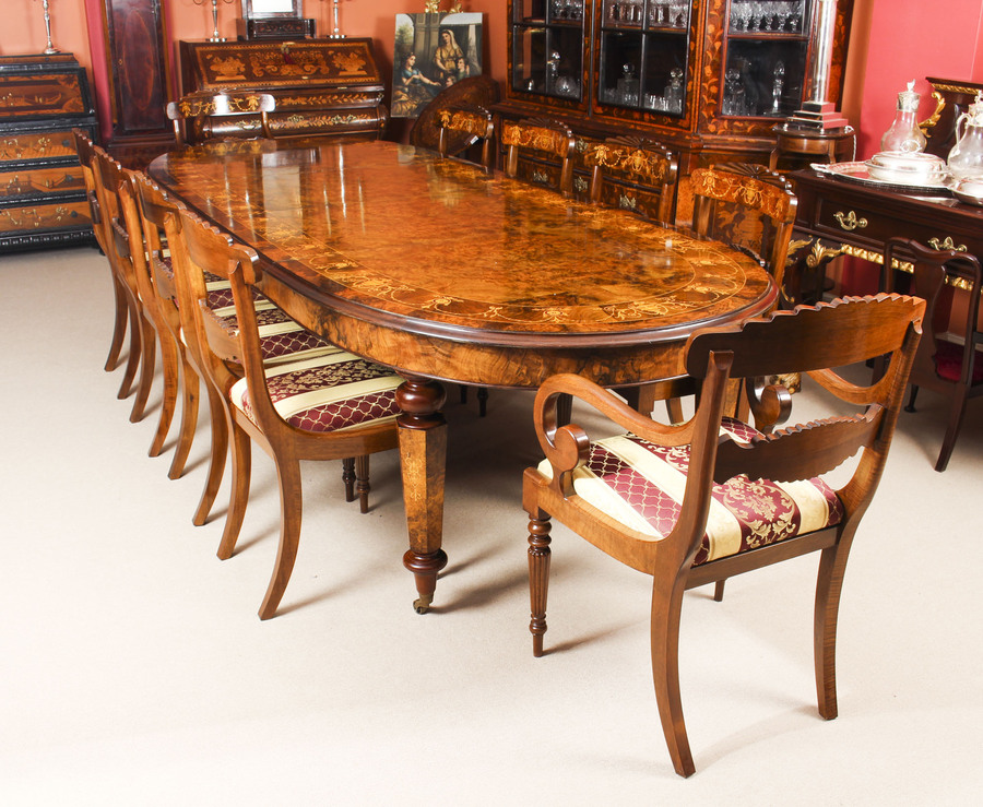 Stunning Bespoke Handmade Burr Walnut Marquetry Dining Table & 10 Chairs