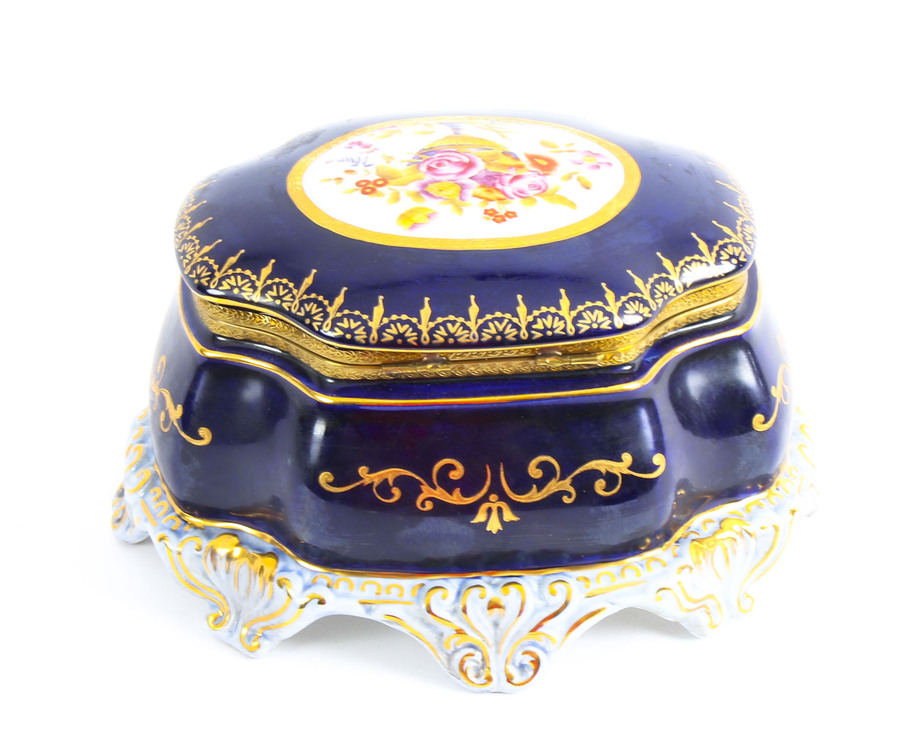 Gilded & Hand Painted Blue Royale Porcelain Jewellery Casket 20th century