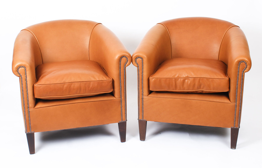 Bespoke Pair English Handmade Amsterdam Leather Arm Chairs Tan