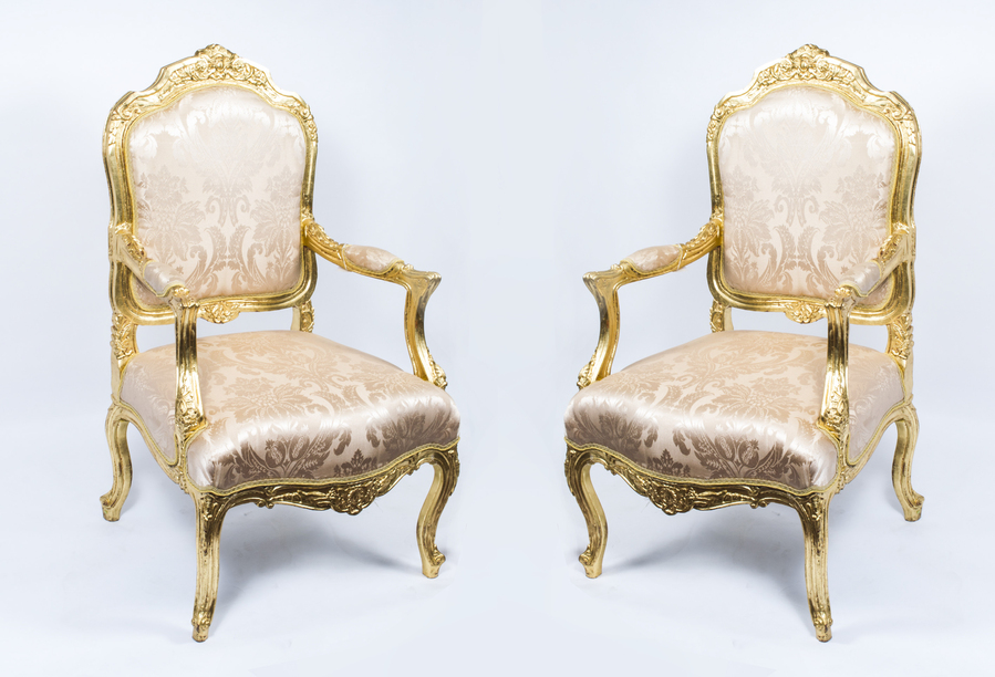 Vintage Pair Louis XV Style French Gilded Armchairs 20th C
