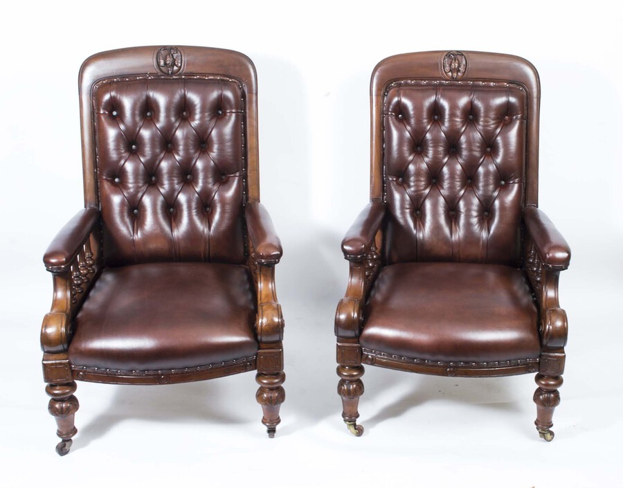 Antique Pair English Victorian Leather Armchairs c.1880