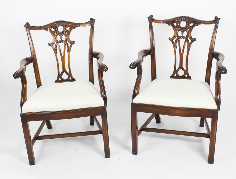 Vintage Pair of Mahogany Chippendale Revival Arm Chairs Mid 20th Century