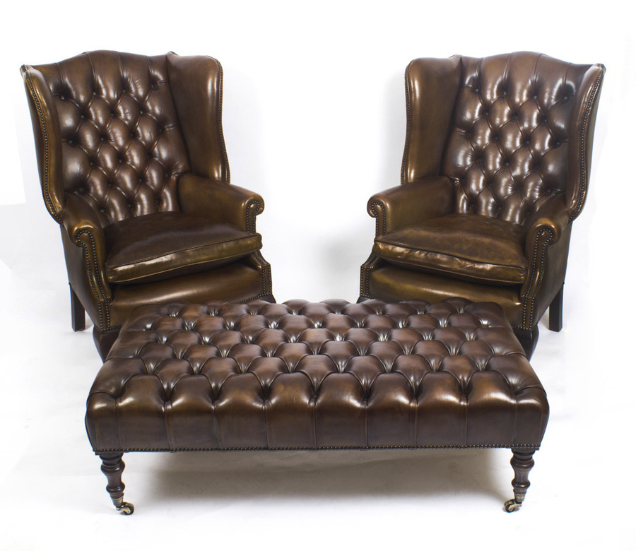 Bespoke Pair Leather Chippendale Wingback Armchairs with stool / coffee table