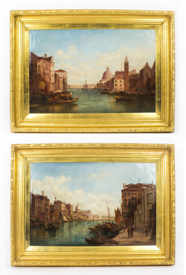Antique Pair Oil Paintings Grand Canal Venice Alfred Pollentine 19th C