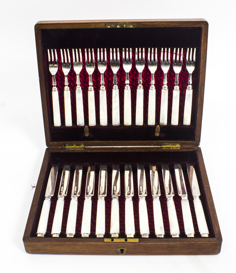 Antique Antique Boxed Set 12 Pairs Silver & Mother of Pearl Fruit Forks & Knives 1892