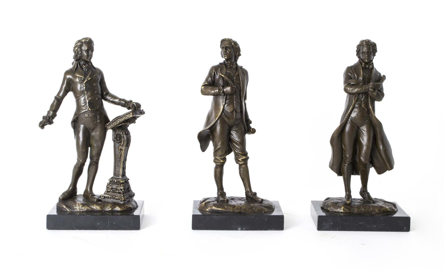 Stunning Set Bronze Sculptures Chopin Mozart Beethoven