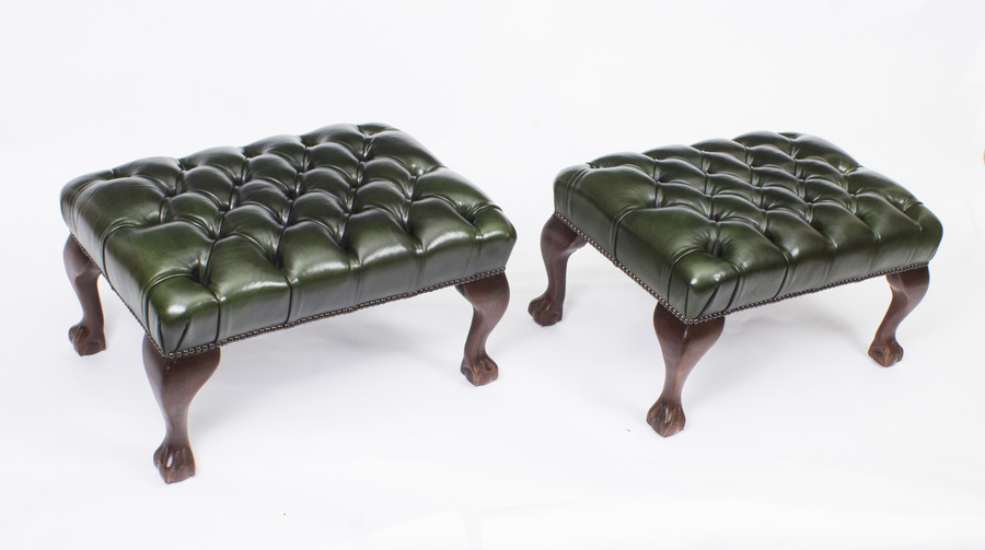 Bespoke Pair of Chippendale Ball & Claw Leather Stools Emerald Green