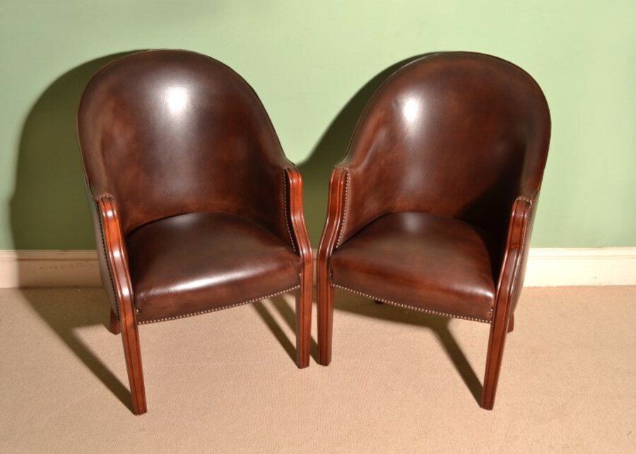 Bespoke Pair English Handmade Leather Desk Chairs Tobacco