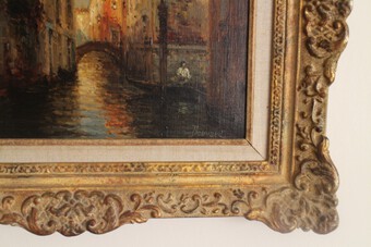 Antique Oil on canvas by Colette Bouvard fully signed and titled Bridge between the houses Venice 