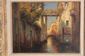 Antique Oil on canvas by Colette Bouvard fully signed and titled Bridge between the houses Venice 