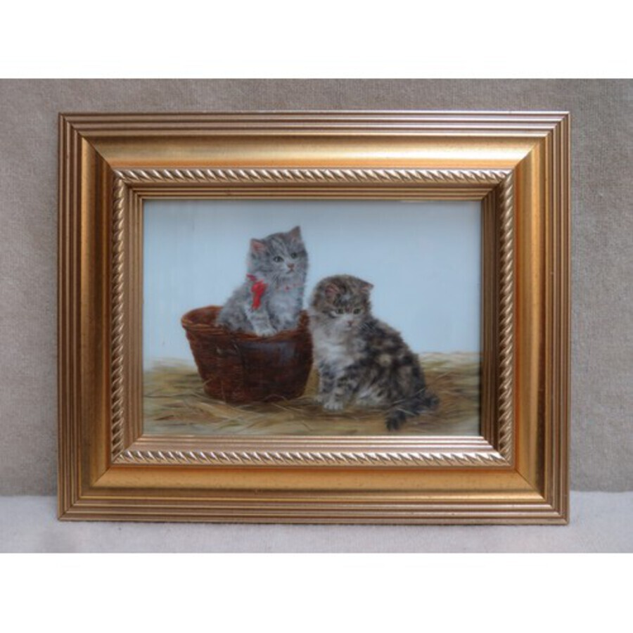 Antique Rare Pair Of Framed Oil Paintings On Glass Of Kittens By Bessie Bamber (1870-1910)