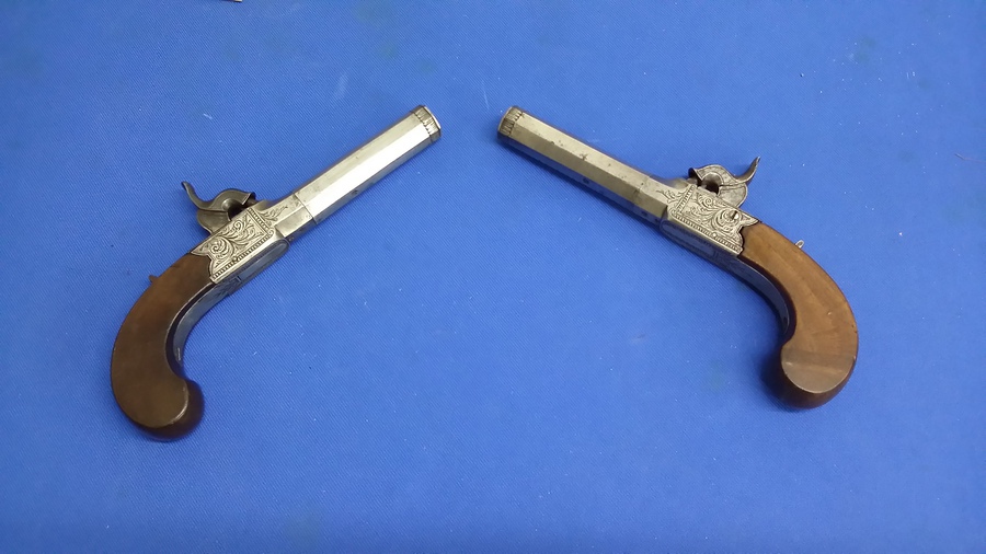 Quality British Pair Of 19th Century Box-lock Pocket Pistols Signed Mabson, Labron & Mabson. .