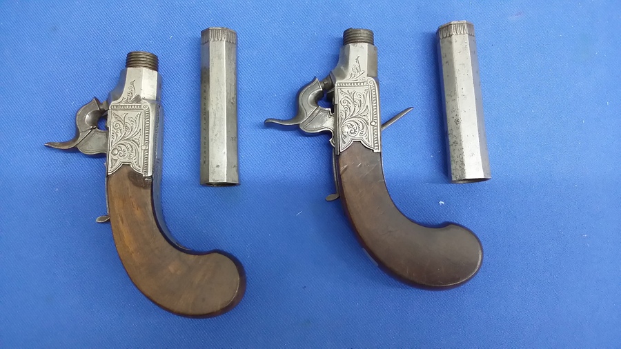 Antique Quality British Pair Of 19th Century Box-lock Pocket Pistols Signed Mabson, Labron & Mabson. .